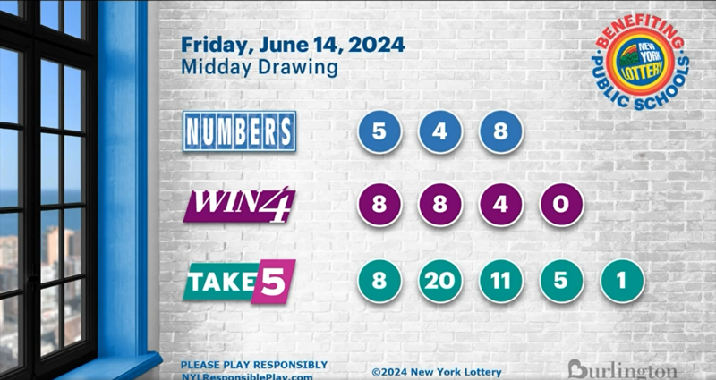 June 14 2024 New York Lottery Midday Drawing for NUMBERS WIN4 TAKE5